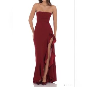 Strapless Burgundy Ruffle-Slit Evening Gown